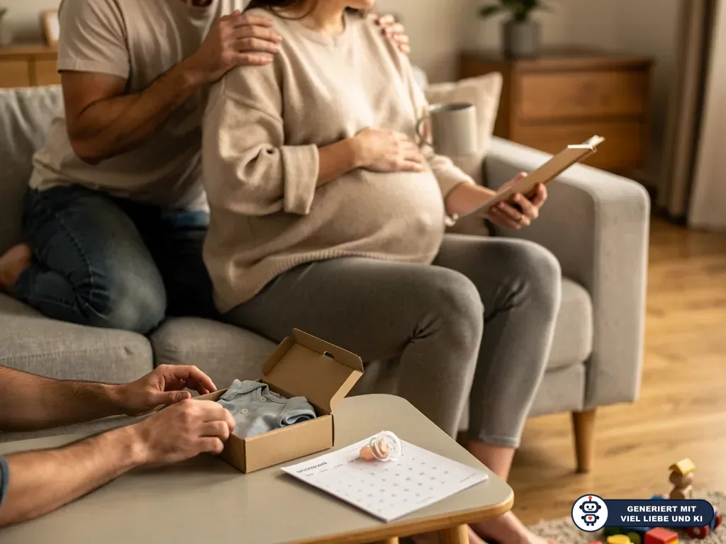 Schwangere sitzt auf dem Sofa, Partner massiert ihre Schultern, Babykleidung und Kalender liegen bereit. (mit KI erstellt)