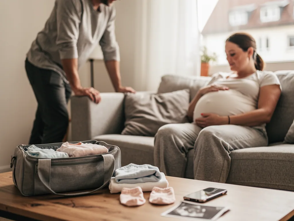Schwangere sitzt auf dem Sofa, Partner steht daneben; auf dem Tisch liegen Kliniktasche, Babykleidung und Ultraschallbild.