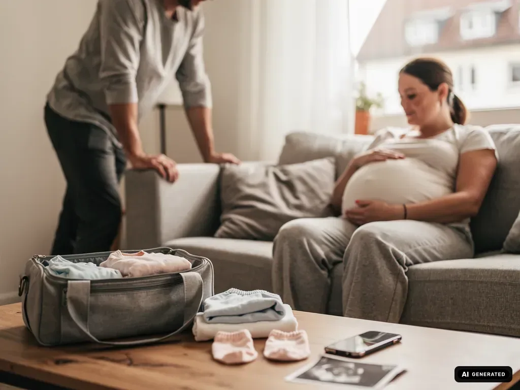 Schwangere sitzt auf dem Sofa, Partner steht daneben; auf dem Tisch liegen Kliniktasche, Babykleidung und Ultraschallbild. (mit KI erstellt)