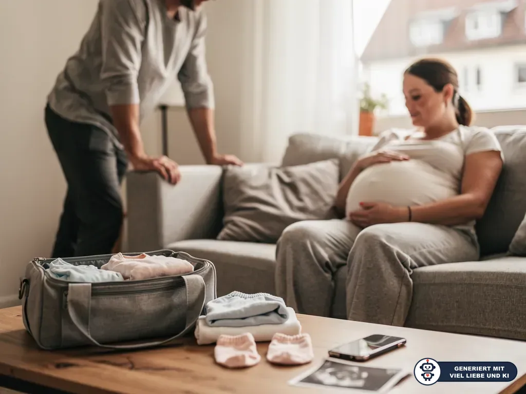 Schwangere sitzt auf dem Sofa, Partner steht daneben; auf dem Tisch liegen Kliniktasche, Babykleidung und Ultraschallbild. (mit KI erstellt)