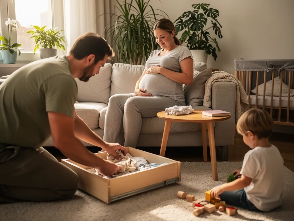 Schwangere sitzt auf dem Sofa, während ihr Partner Babykleidung sortiert und ein Kind im Wohnzimmer spielt.