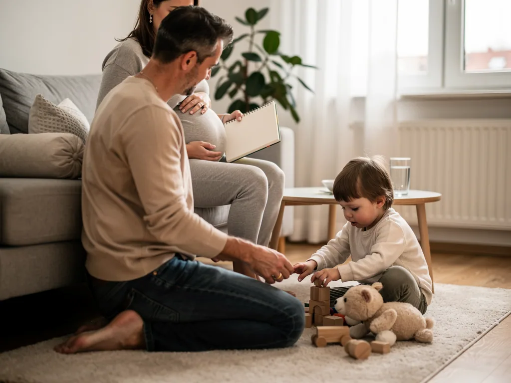 Schwangere sitzt auf dem Sofa, während Vater und Kleinkind im Wohnzimmer mit Bauklötzen spielen.