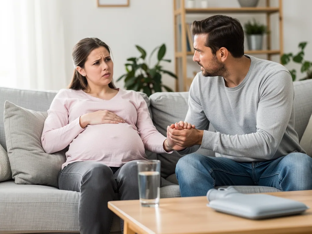 Schwangere sitzt besorgt auf dem Sofa und hält ihren Bauch, ihr Partner hält ihre Hand.