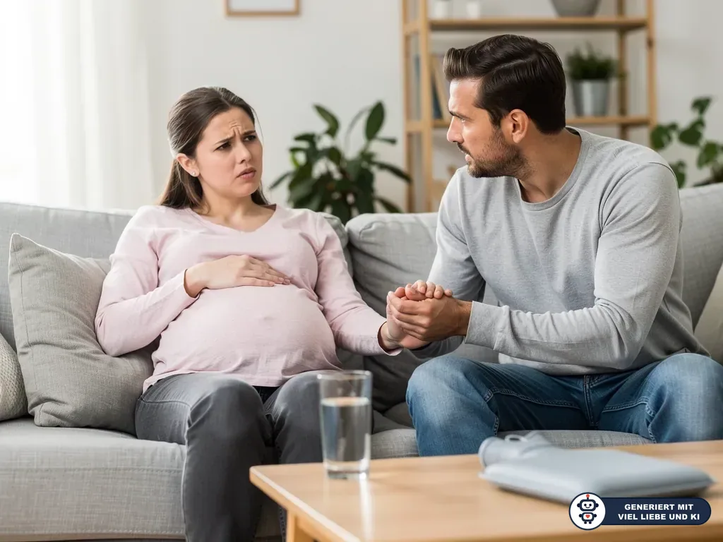 Schwangere sitzt besorgt auf dem Sofa und hält ihren Bauch, ihr Partner hält ihre Hand. (mit KI erstellt)