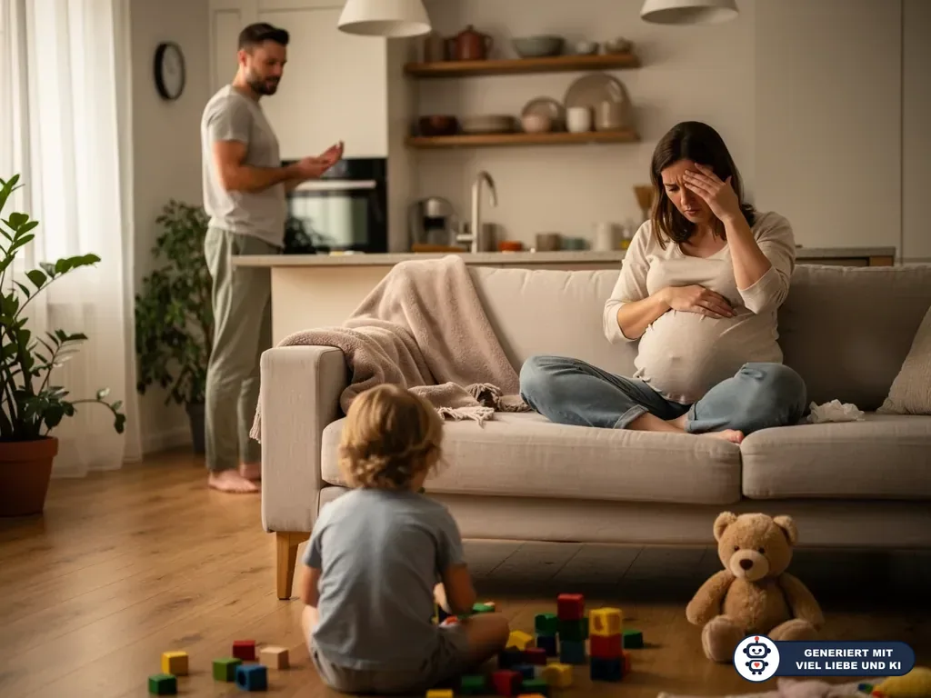 Schwangere sitzt erschöpft auf dem Sofa, Kind spielt am Boden, Partner steht im Hintergrund in der Küche. (mit KI erstellt)