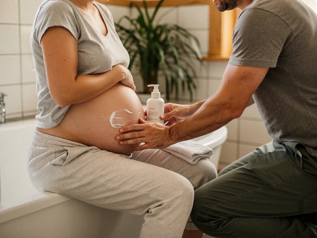 Schwangere sitzt im Bad, während ihr Partner Creme auf den Babybauch aufträgt.