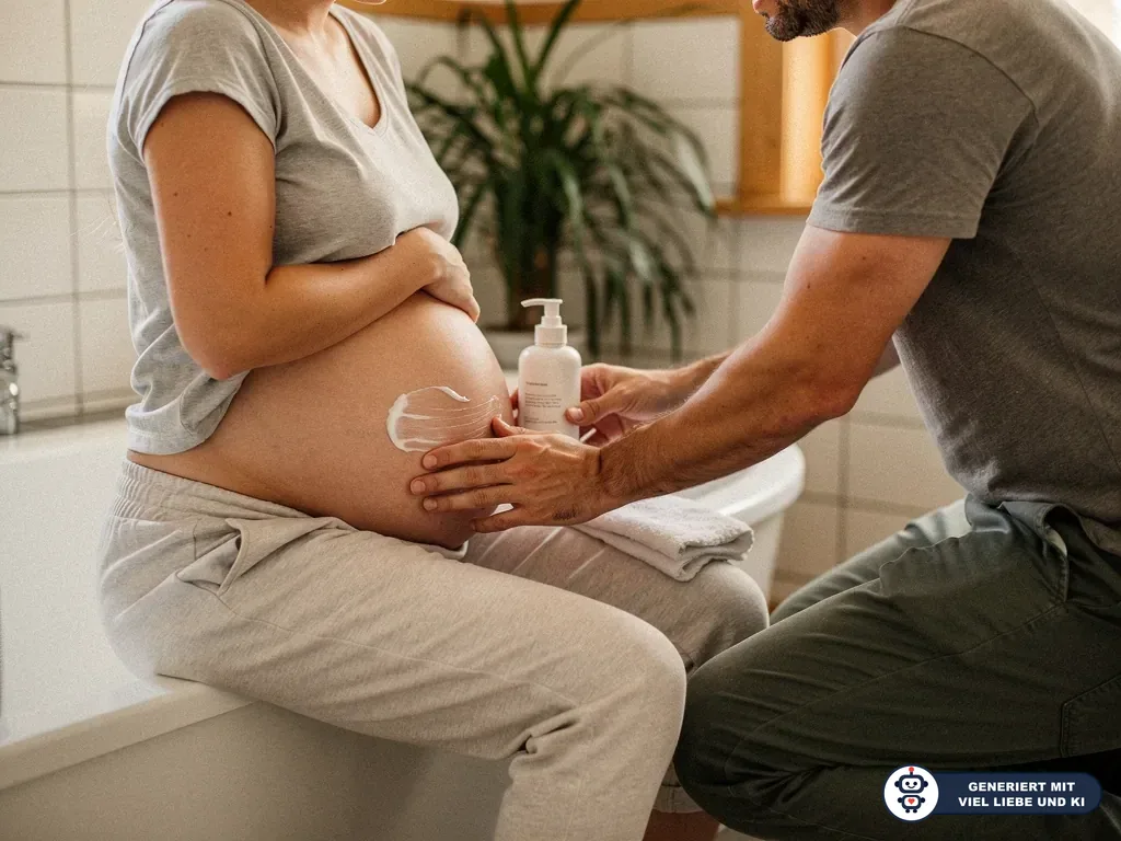 Schwangere sitzt im Bad, während ihr Partner Creme auf den Babybauch aufträgt. (mit KI erstellt)
