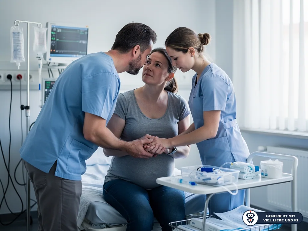 Schwangere sitzt im Kreißsaal auf dem Bett, zwei Klinikmitarbeitende halten ihre Hände. (mit KI erstellt)