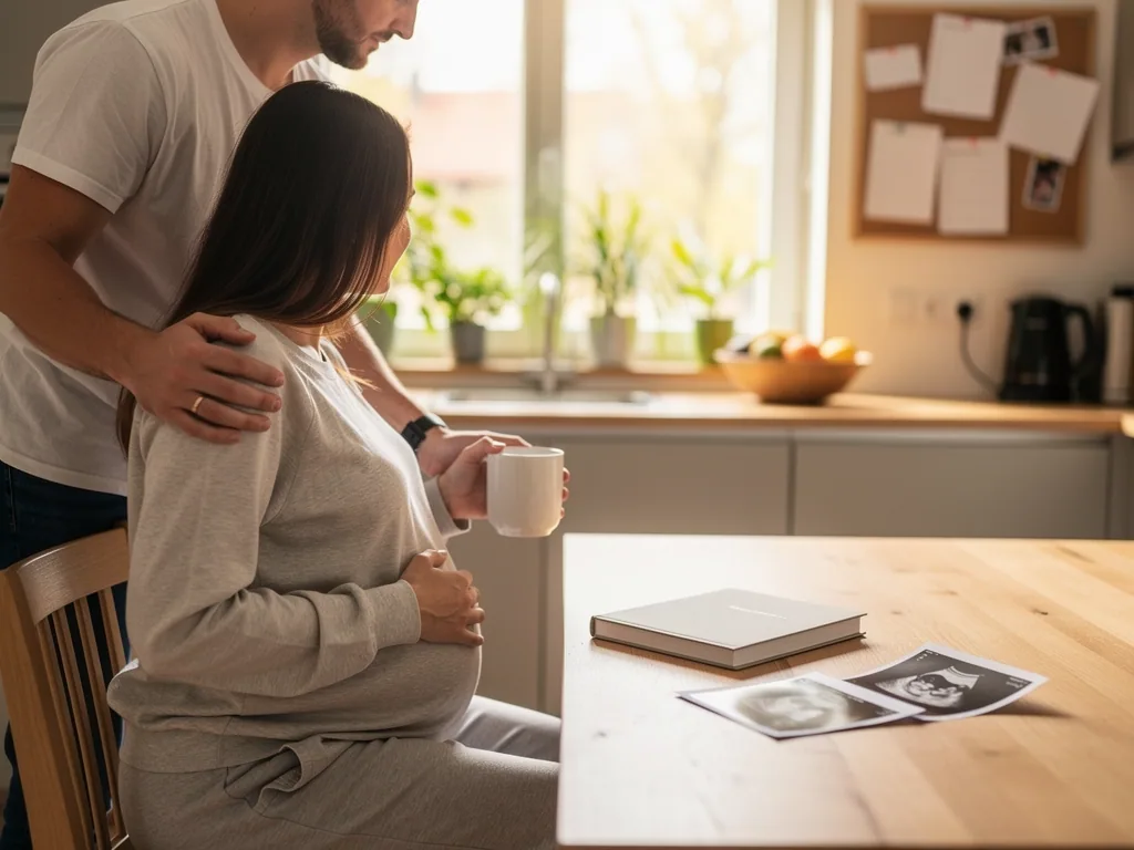 Schwangere sitzt in der Küche, hält ihren Bauch und eine Tasse; ihr Partner steht neben ihr, Ultraschallbilder auf dem Tisch.
