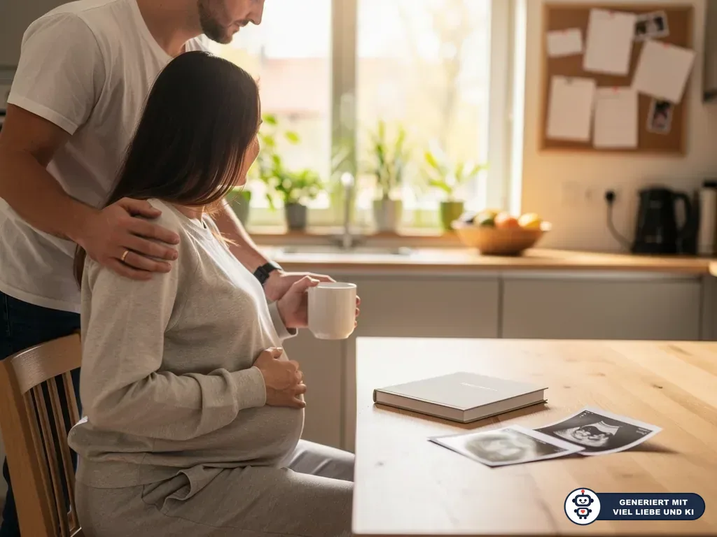 Schwangere sitzt in der Küche, hält ihren Bauch und eine Tasse; ihr Partner steht neben ihr, Ultraschallbilder auf dem Tisch. (mit KI erstellt)