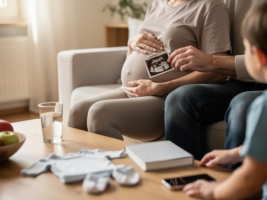 Schwangere sitzt mit Familie auf dem Sofa, Partner hält Ultraschallbild, Babysachen liegen auf dem Tisch.