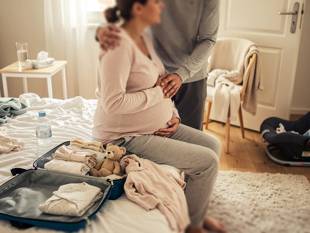 Schwangere sitzt mit gepackter Kliniktasche auf dem Bett, Partner hält ihre Hand und legt den Arm um sie.