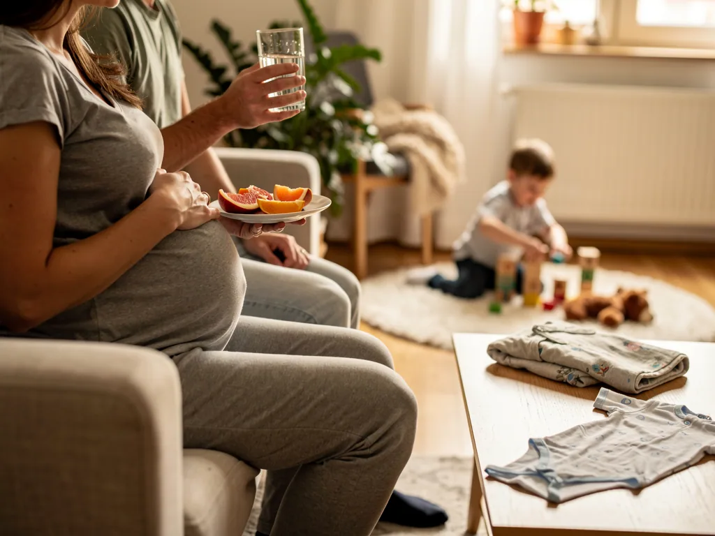 Schwangere sitzt mit Obst auf dem Sofa, Partner hält Wasser, Kind spielt neben Babykleidung im Wohnzimmer.