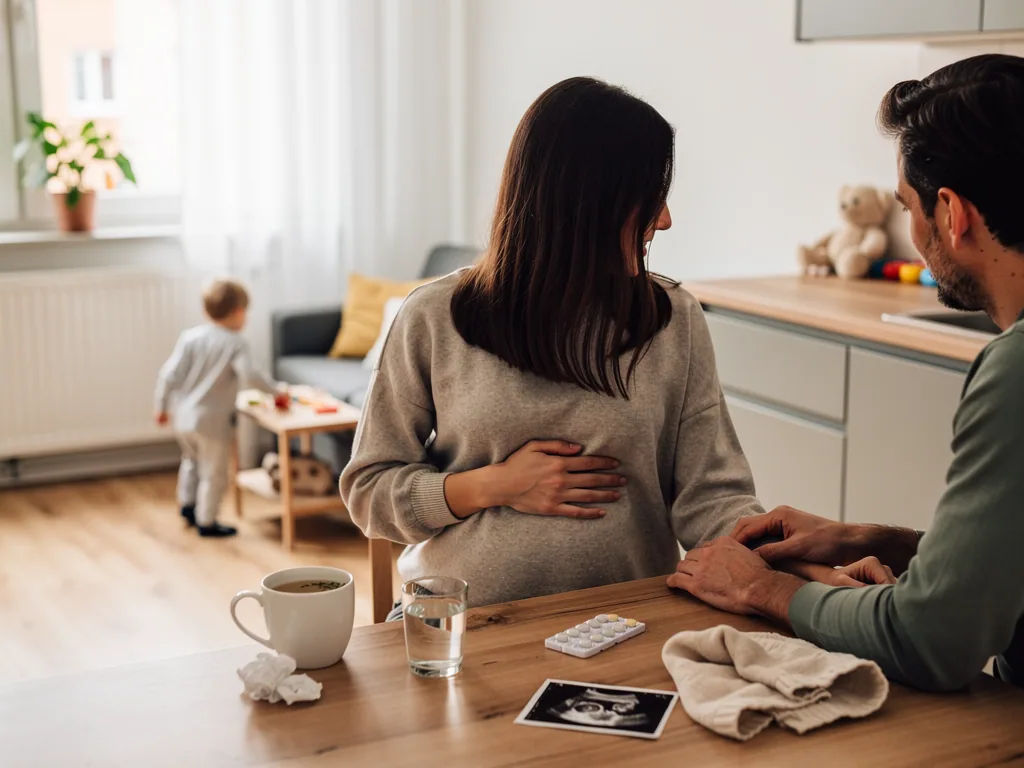 Schwangere sitzt mit Partner am Küchentisch; Tee, Wasser, Tabletten und Ultraschallbild liegen bereit.