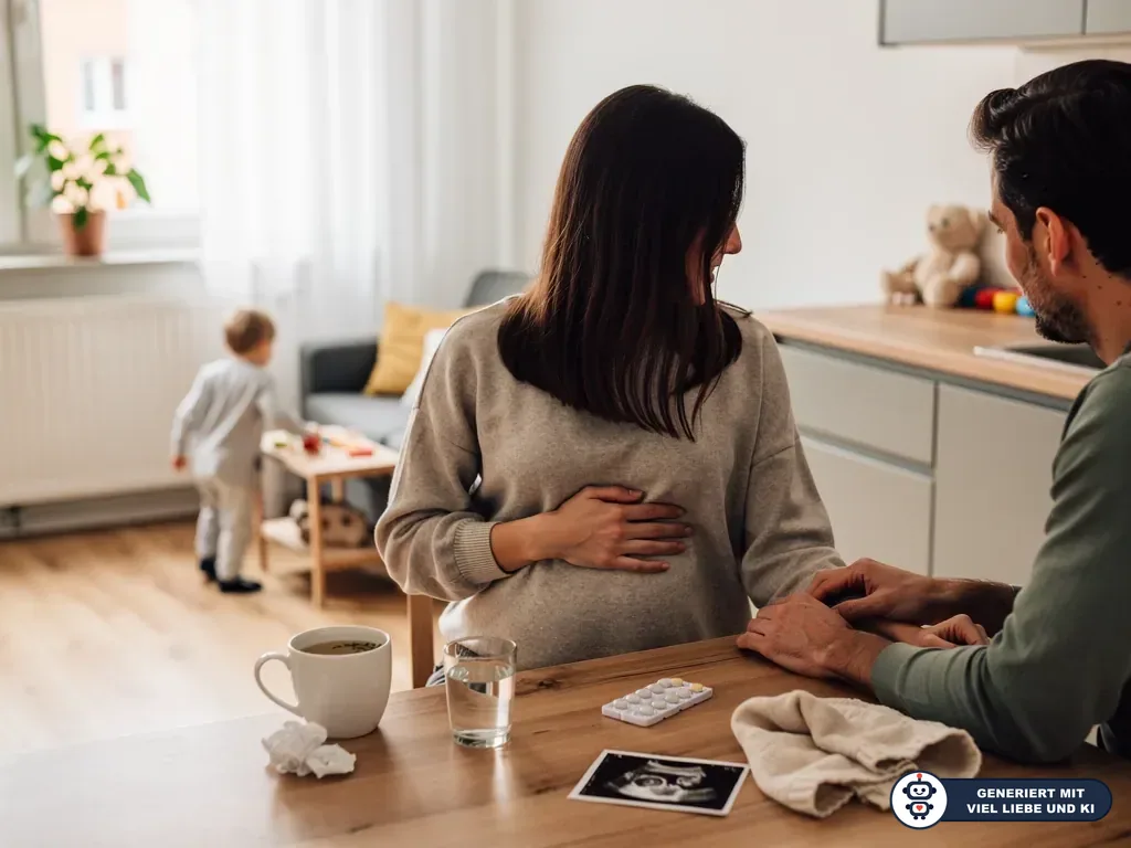 Schwangere sitzt mit Partner am Küchentisch; Tee, Wasser, Tabletten und Ultraschallbild liegen bereit. (mit KI erstellt)