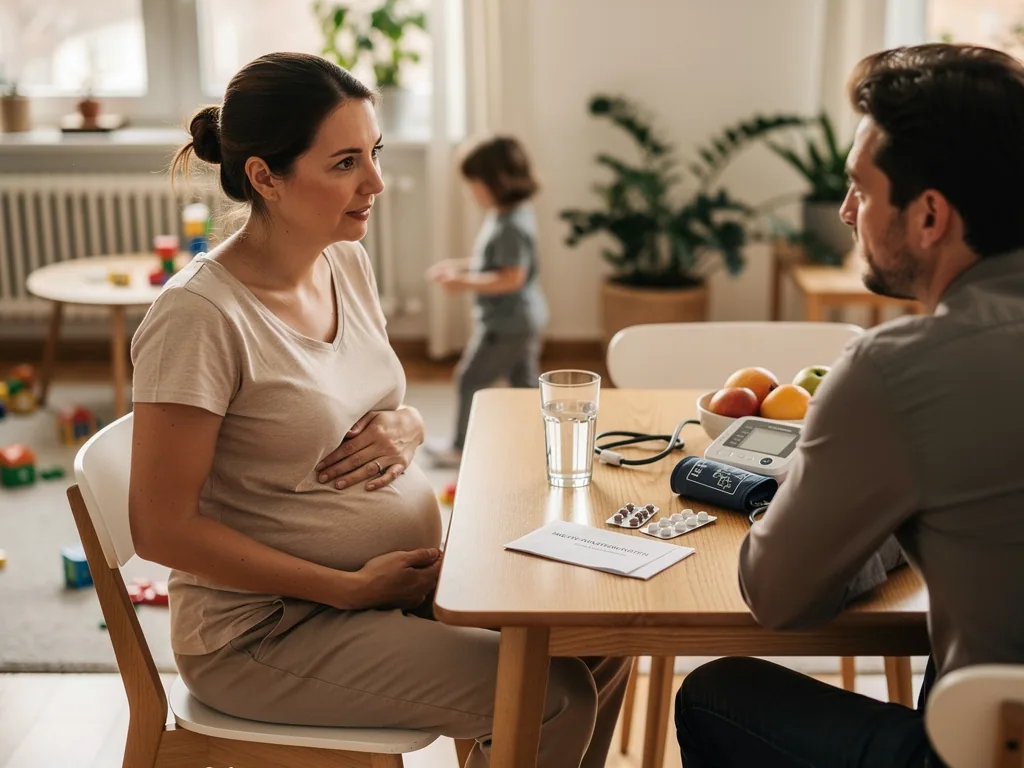 Schwangere sitzt mit Partner am Tisch; Blutdruckmessgerät, Medikamente und Mutterpass liegen bereit.