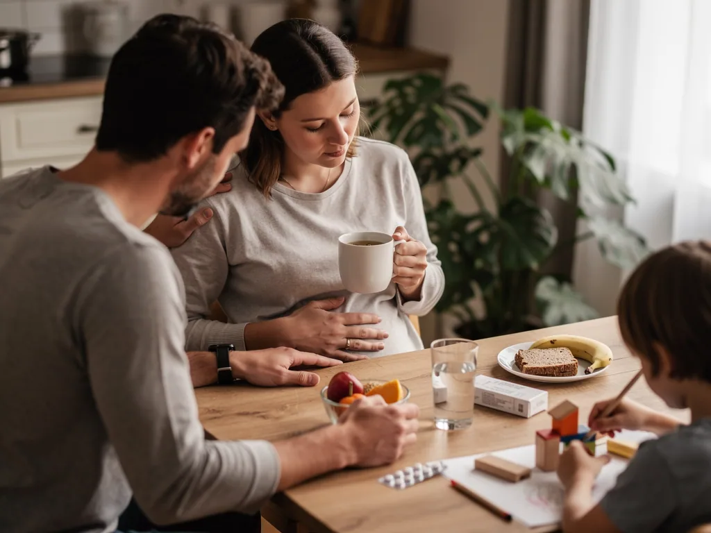 Schwangere sitzt mit Partner am Tisch, hält Bauch und Tasse; daneben spielt ein Kind, Medikamente liegen bereit.
