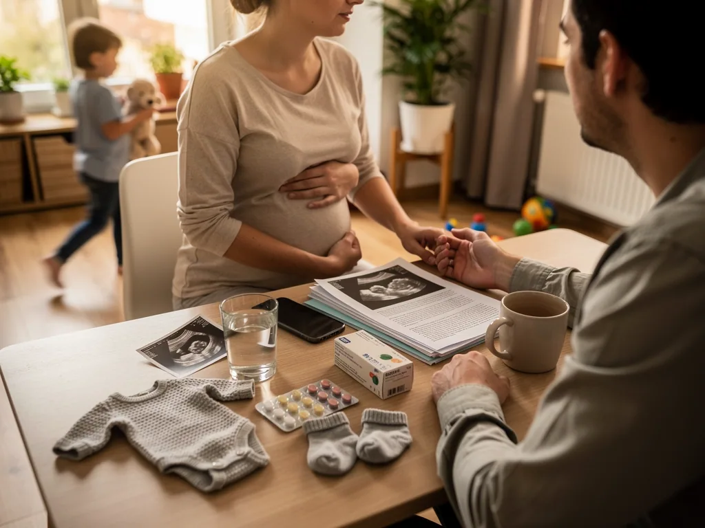 Schwangere sitzt mit Partner am Tisch mit Ultraschallbildern, Unterlagen, Medikamenten und Babysachen.