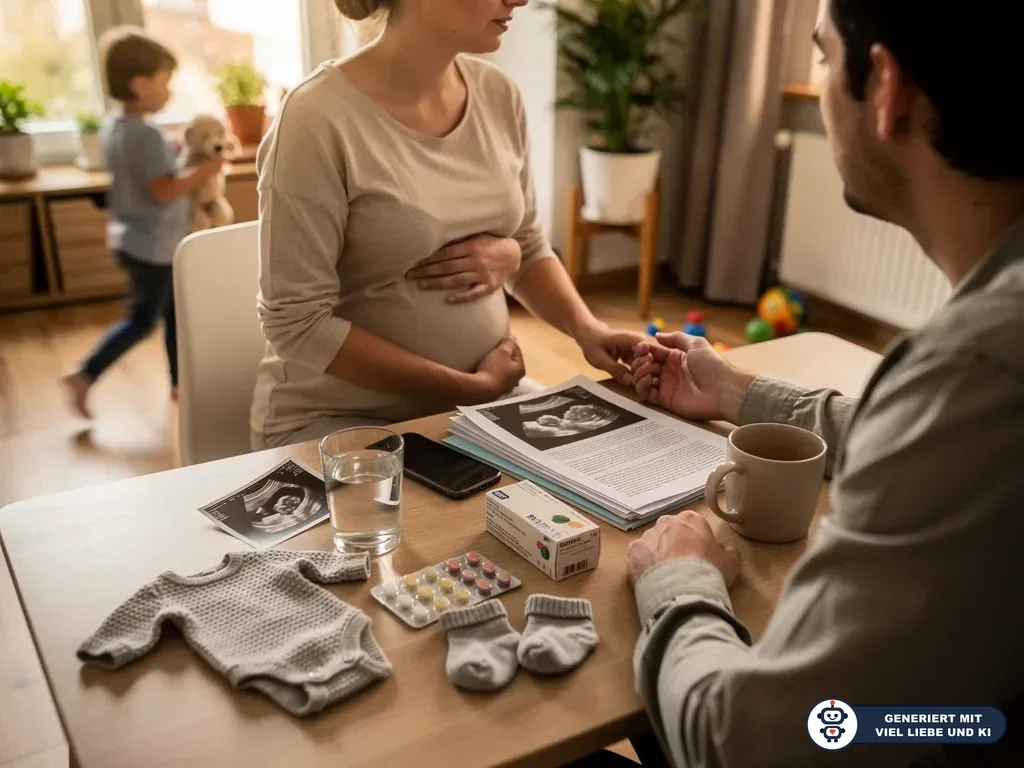 Schwangere sitzt mit Partner am Tisch mit Ultraschallbildern, Unterlagen, Medikamenten und Babysachen. (mit KI erstellt)