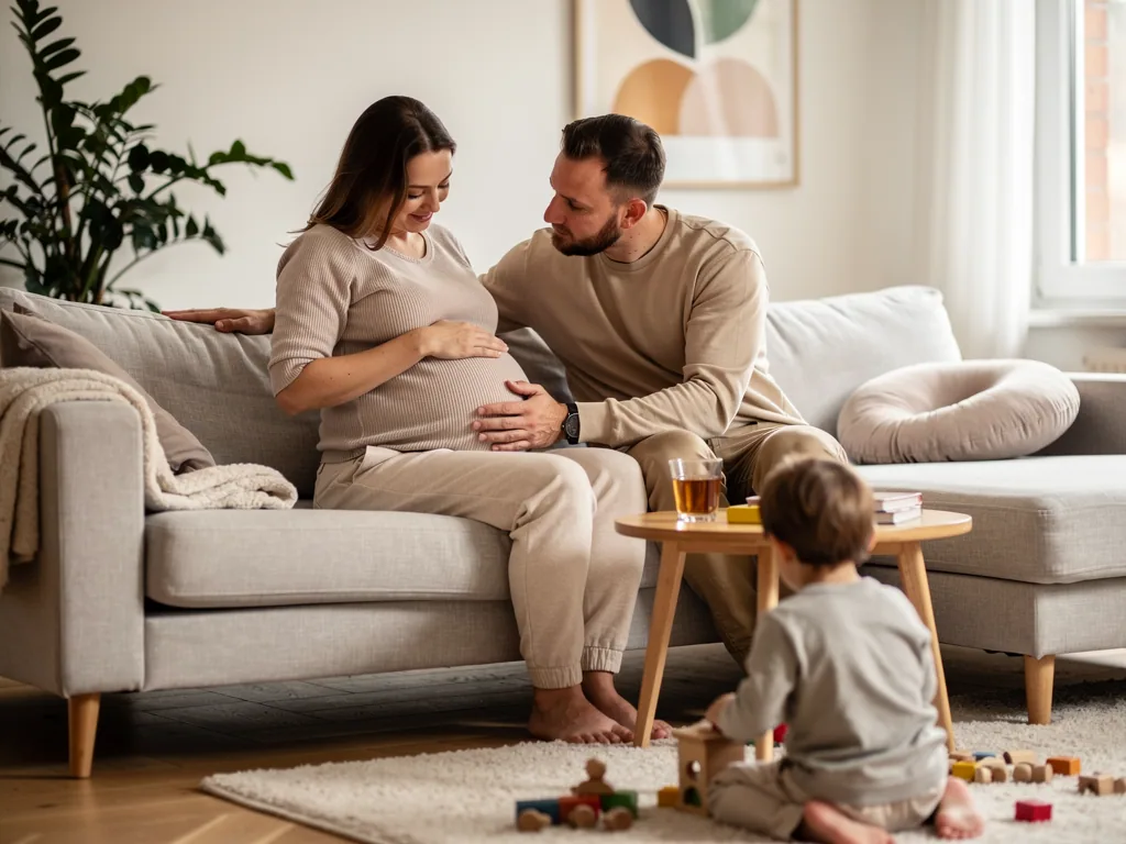 Schwangere sitzt mit Partner auf dem Sofa, beide berühren den Babybauch; ein Kleinkind spielt davor im Wohnzimmer.