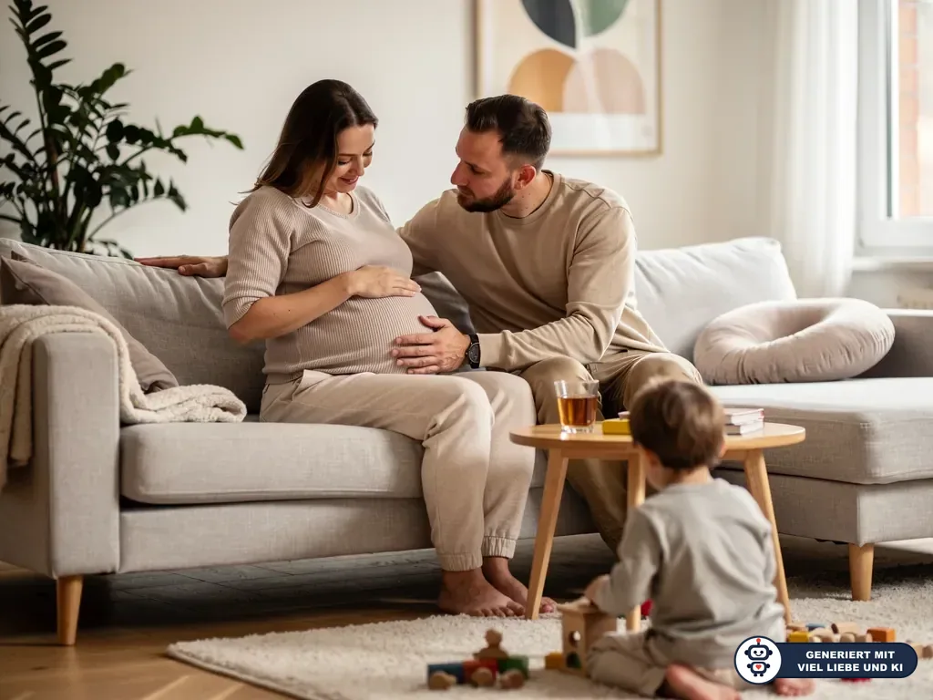Schwangere sitzt mit Partner auf dem Sofa, beide berühren den Babybauch; ein Kleinkind spielt davor im Wohnzimmer. (mit KI erstellt)