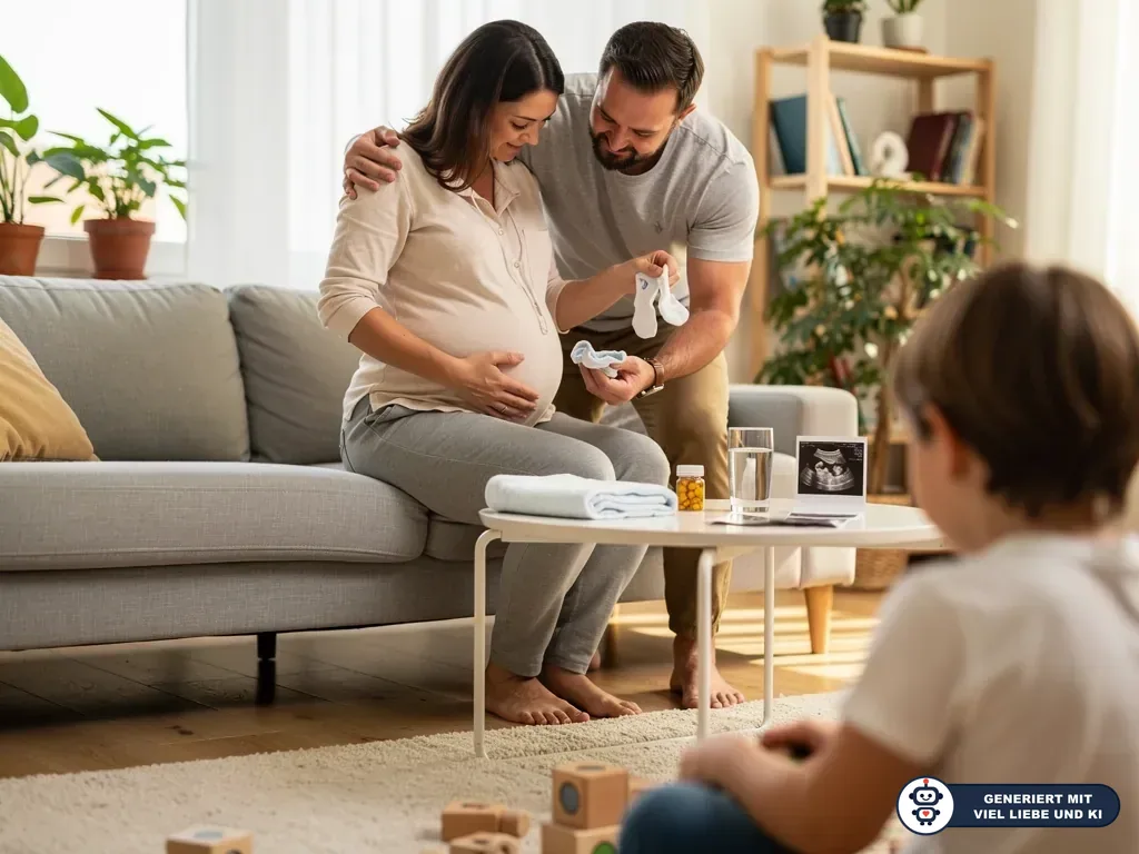 Schwangere sitzt mit Partner auf dem Sofa, beide betrachten Babysöckchen; ein Kind spielt im Wohnzimmer. (mit KI erstellt)