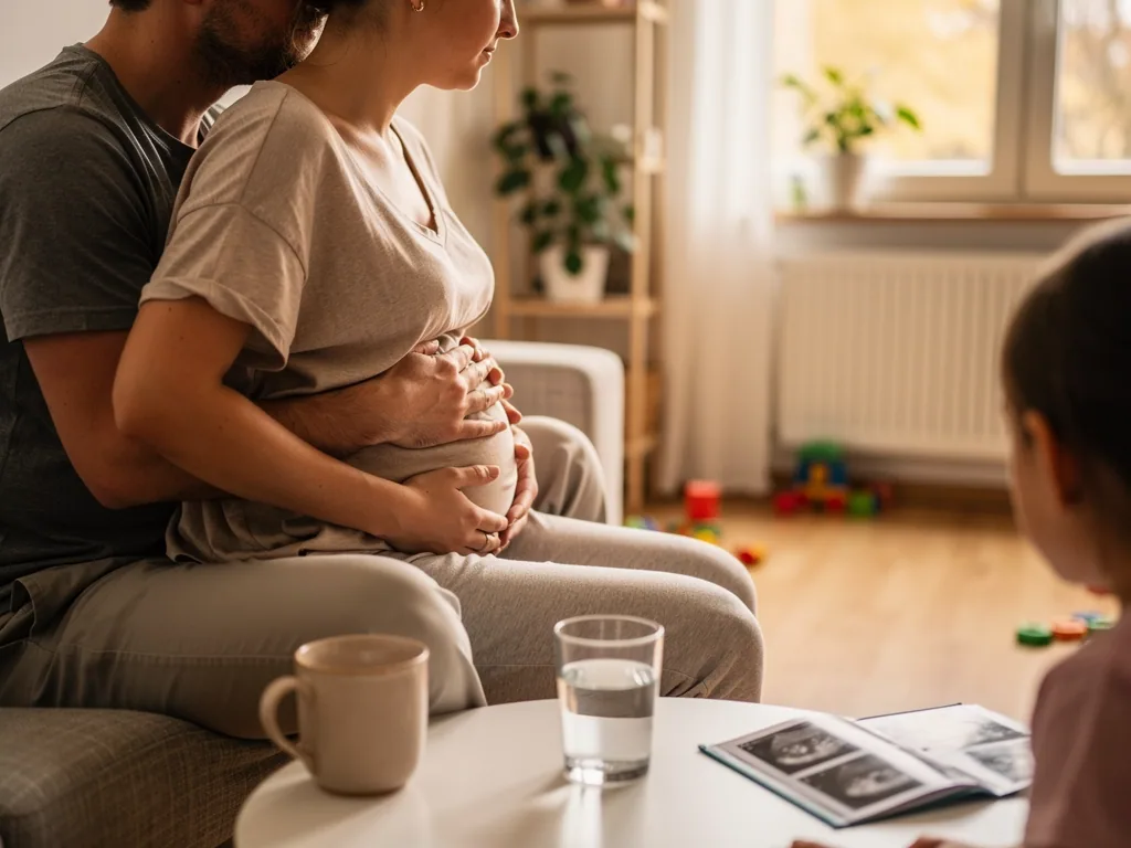 Schwangere sitzt mit Partner auf dem Sofa, beide halten den Bauch; ein Kind schaut ein Ultraschallbild an.
