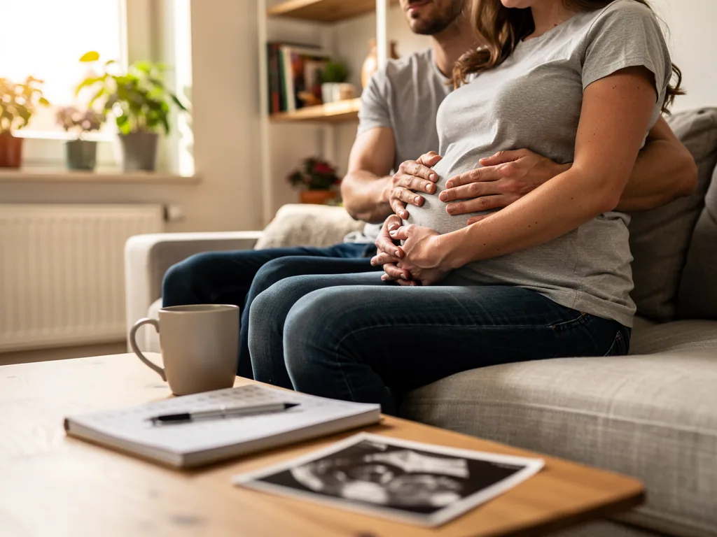 Schwangere sitzt mit Partner auf dem Sofa; beide halten den Babybauch, auf dem Tisch liegen Notizblock und Ultraschallbild.