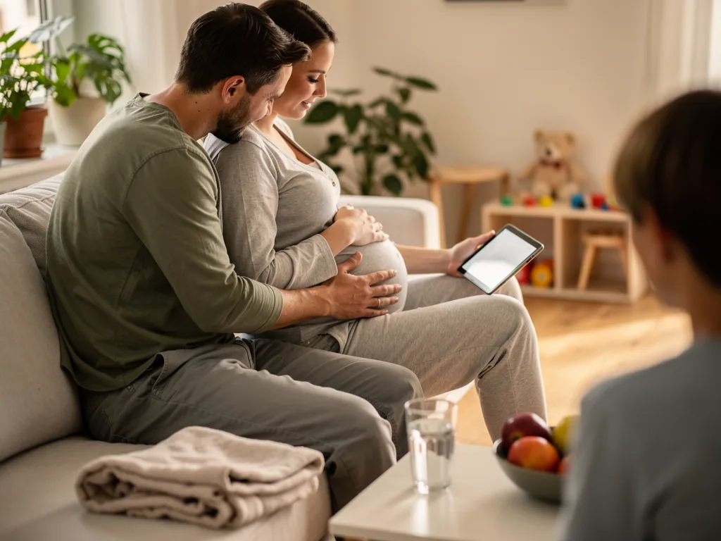 Schwangere sitzt mit Partner auf dem Sofa; beide halten den Babybauch, sie hält ein Tablet im Wohnzimmer.