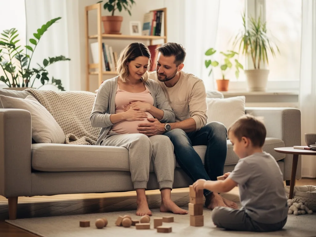 Schwangere sitzt mit Partner auf dem Sofa, beide halten den Bauch; ein Kind spielt mit Holzklötzen.