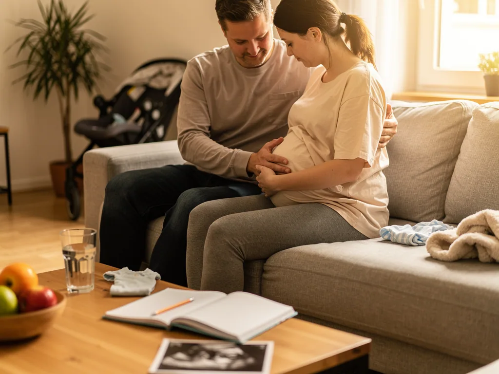 Schwangere sitzt mit Partner auf dem Sofa; beide halten den Babybauch, Ultraschallbild liegt auf dem Tisch.