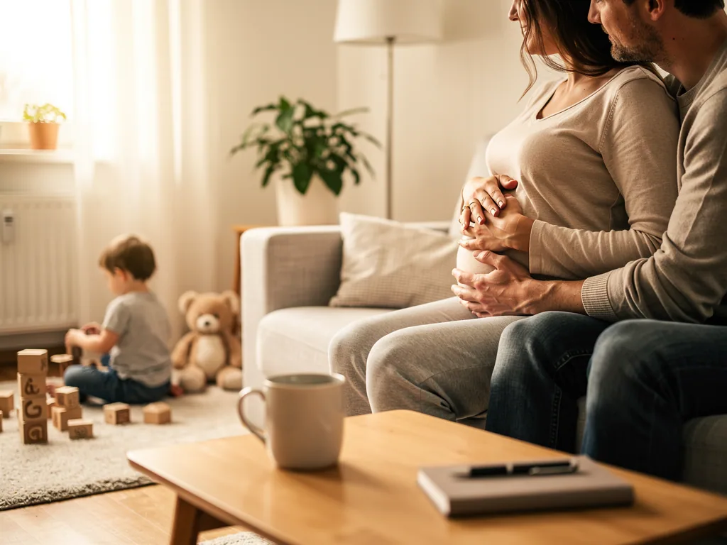 Schwangere sitzt mit Partner auf dem Sofa, beide halten den Babybauch; ein Kind spielt im Wohnzimmer.