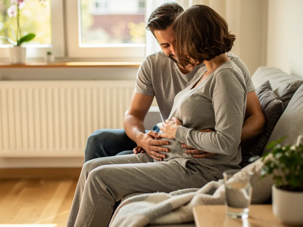 Schwangere sitzt mit Partner auf dem Sofa; beide legen die Hände auf ihren leicht gewölbten Bauch.