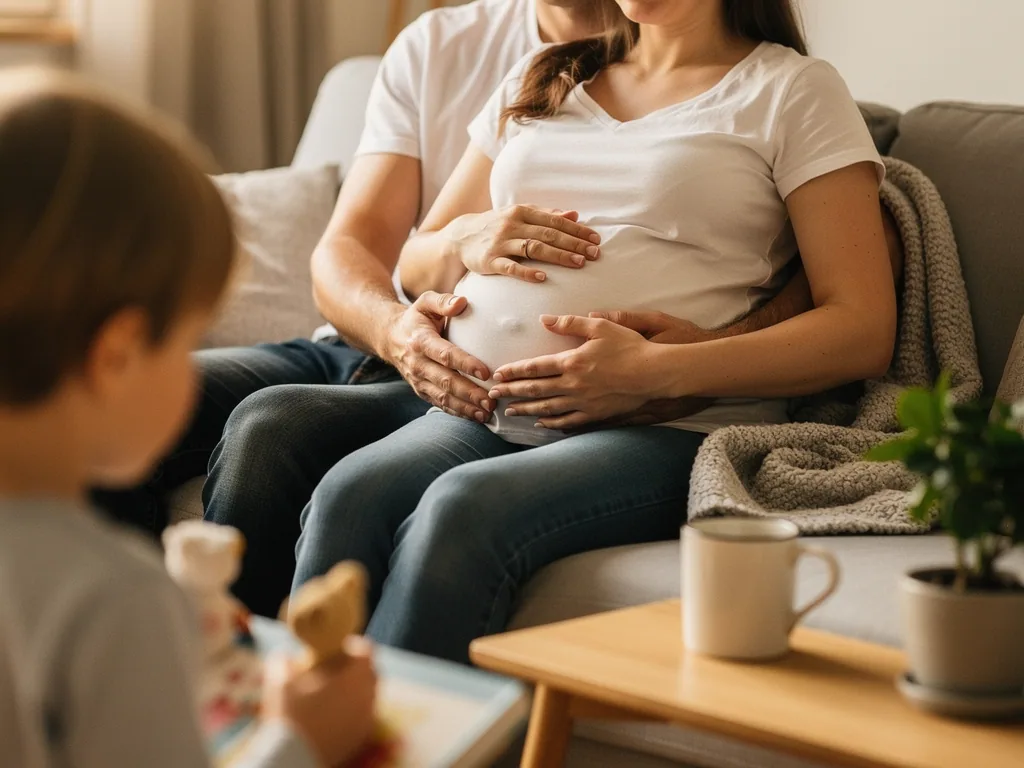 Schwangere sitzt mit Partner auf dem Sofa; beide legen die Hände auf den Babybauch, vorn spielt ein Kind.