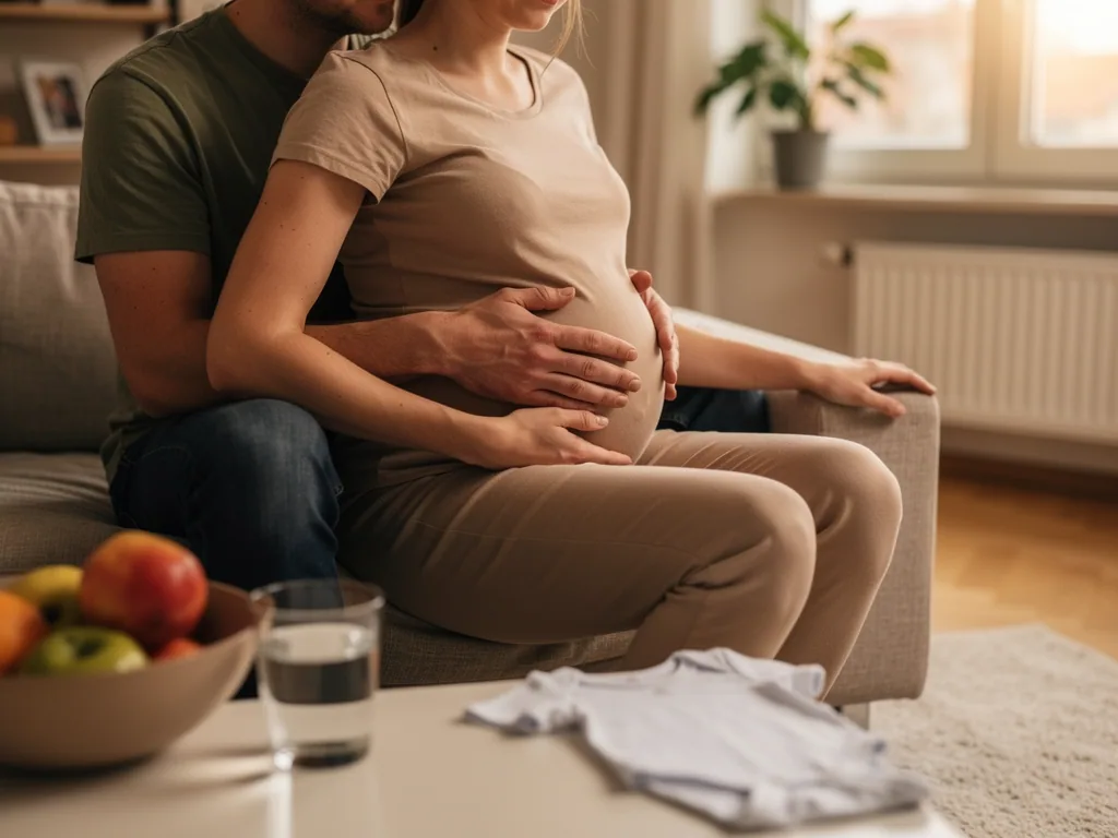 Schwangere sitzt mit Partner auf dem Sofa; beide legen die Hände auf den Babybauch, davor Wasser und Babykleidung.