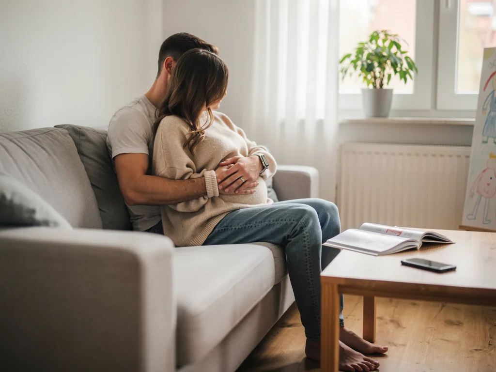 Schwangere sitzt mit Partner auf dem Sofa; beide legen die Hände auf ihren Bauch, vor ihnen liegt ein offenes Buch.