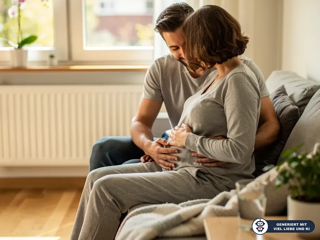 Schwangere sitzt mit Partner auf dem Sofa; beide legen die Hände auf den Babybauch, vorn spielt ein Kind. (mit KI erstellt)