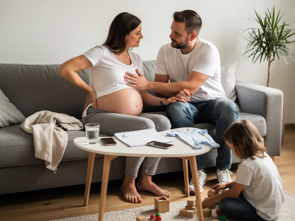 Schwangere sitzt mit Partner auf dem Sofa; er berührt ihren Bauch, ein Kind spielt am Boden mit Bauklötzen.