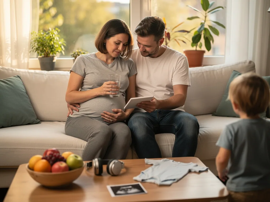 Schwangere sitzt mit Partner auf dem Sofa; er hält ein Tablet, davor liegen Ultraschallbild und Babykleidung.
