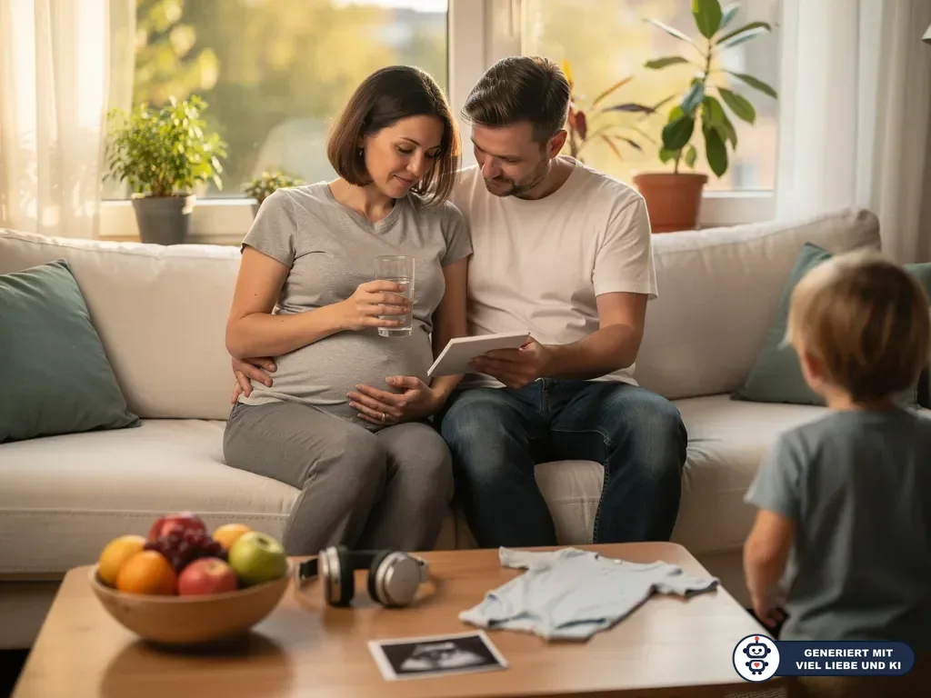 Schwangere sitzt mit Partner auf dem Sofa; er hält ein Tablet, davor liegen Ultraschallbild und Babykleidung. (mit KI erstellt)