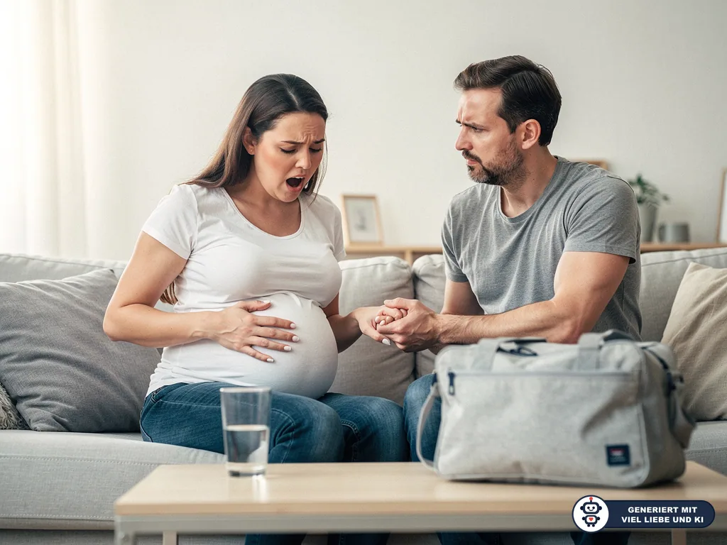 Schwangere sitzt mit Partner auf dem Sofa, hält den Bauch und wirkt von Wehen überrascht; Kliniktasche steht bereit. (mit KI erstellt)