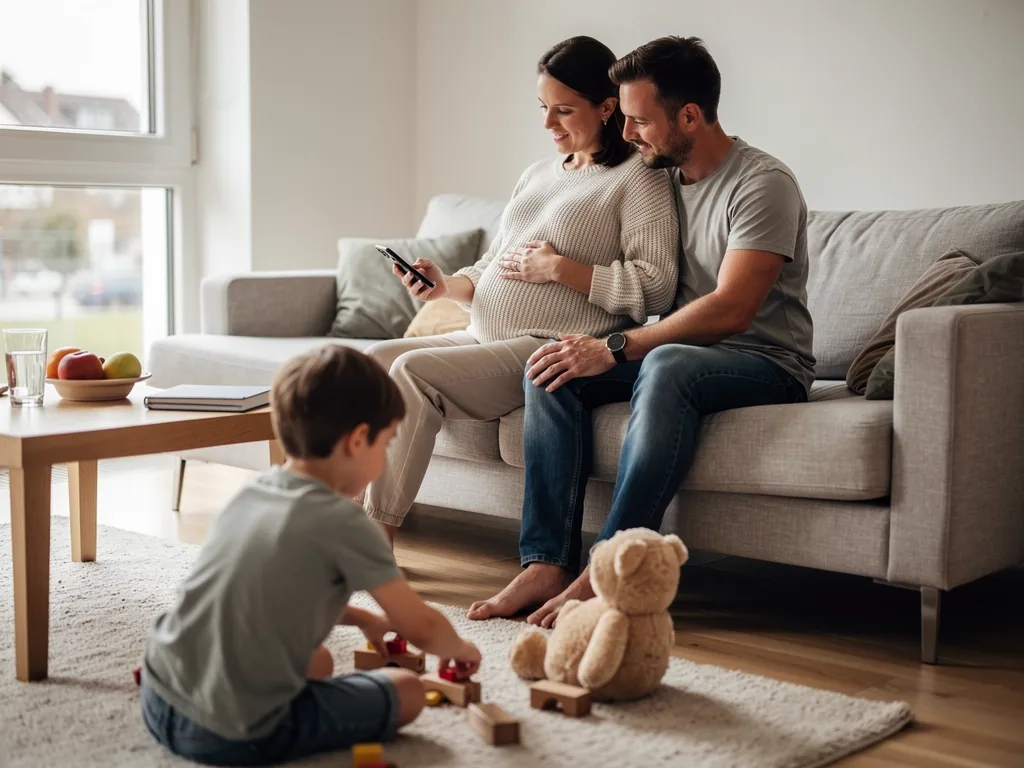Schwangere sitzt mit Partner auf dem Sofa, hält ein Smartphone; ein Kind spielt auf dem Teppich.