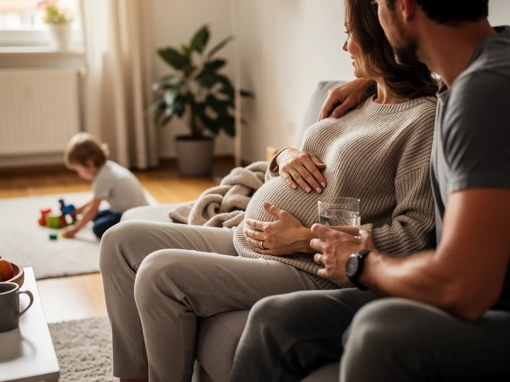 Schwangere sitzt mit Partner auf dem Sofa, hält ihren Bauch; ein Kind spielt im Wohnzimmer am Boden.