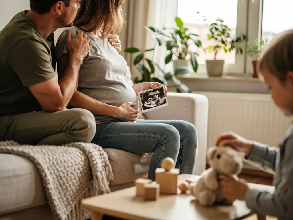 Schwangere sitzt mit Partner auf dem Sofa, hält Ultraschallbild und berührt ihren Bauch; Kind spielt im Wohnzimmer.