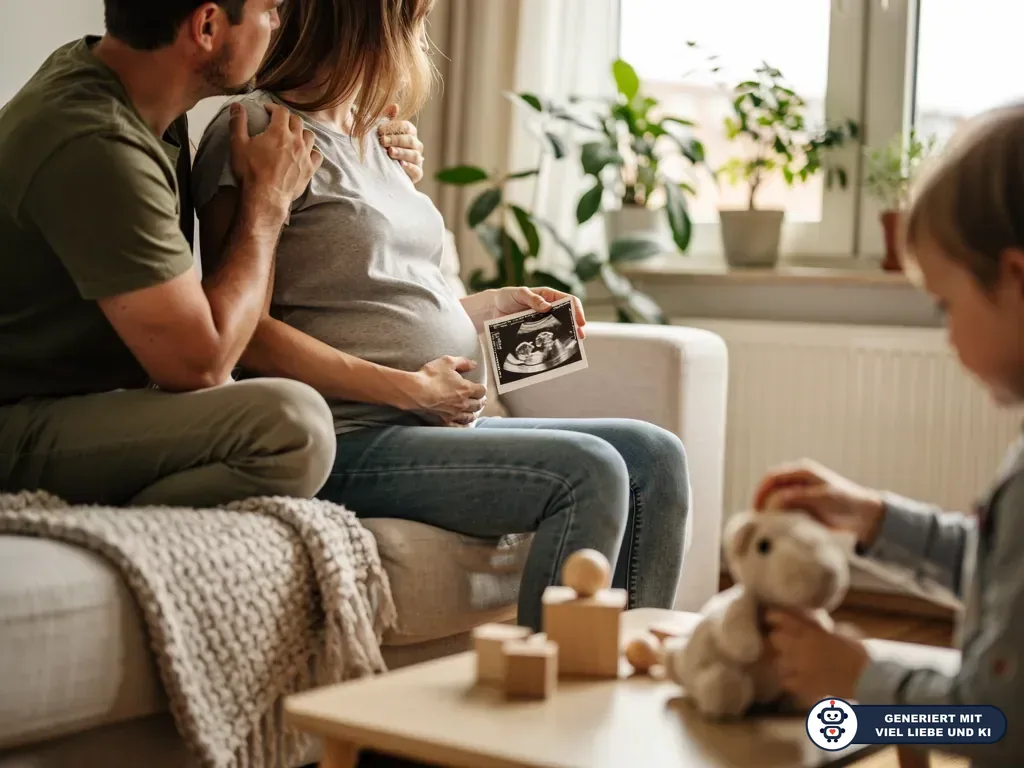 Schwangere sitzt mit Partner auf dem Sofa, hält Ultraschallbild und berührt ihren Bauch; Kind spielt im Wohnzimmer. (mit KI erstellt)