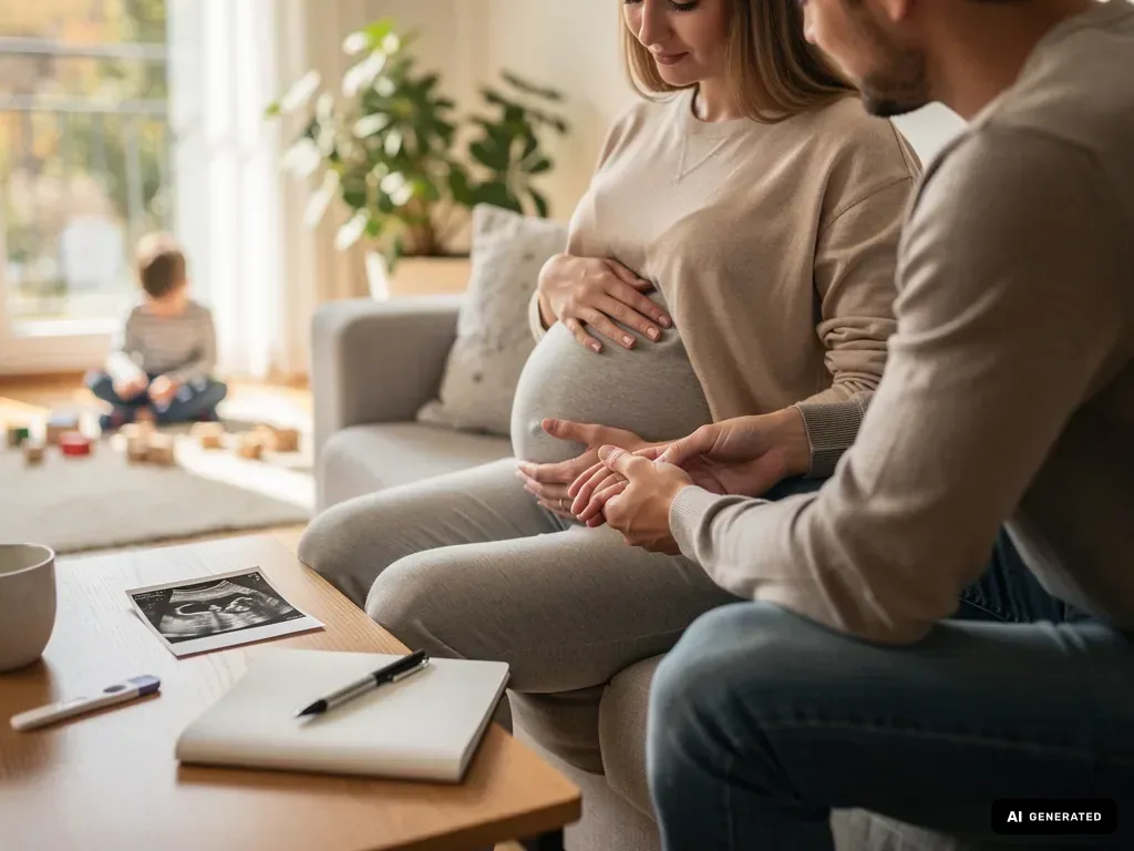 Schwangere sitzt mit Partner auf dem Sofa; Ultraschallbild, Notizbuch und Kinderspielzeug liegen im Wohnzimmer. (mit KI erstellt)