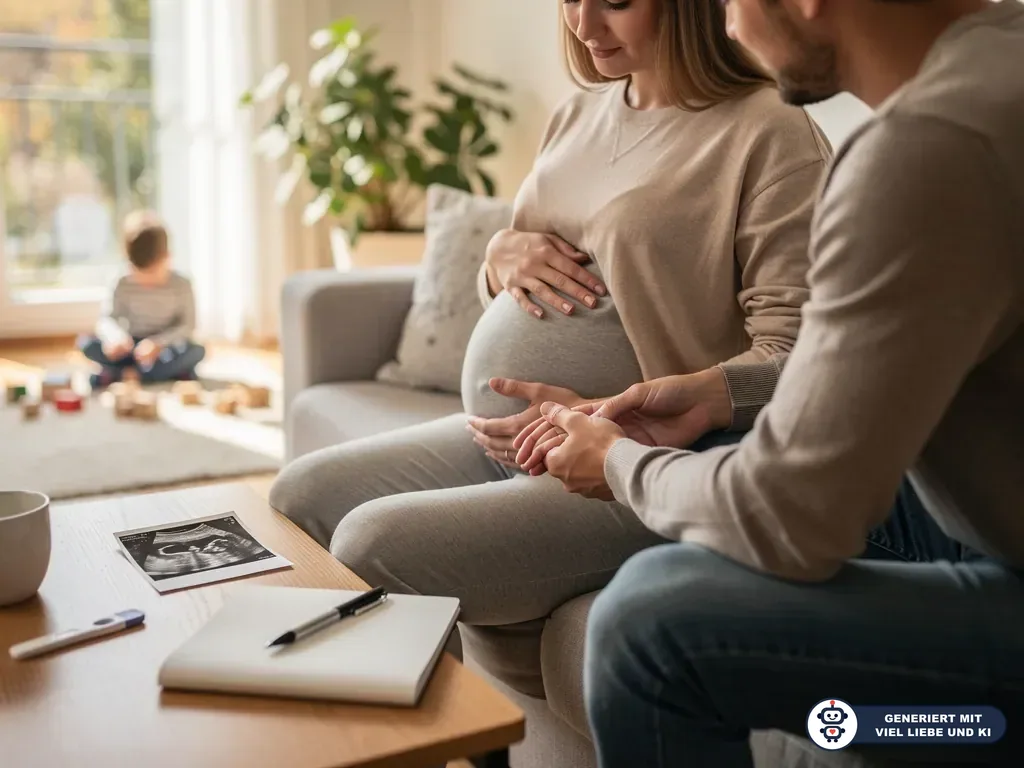 Schwangere sitzt mit Partner auf dem Sofa; Ultraschallbild, Notizbuch und Kinderspielzeug liegen im Wohnzimmer. (mit KI erstellt)