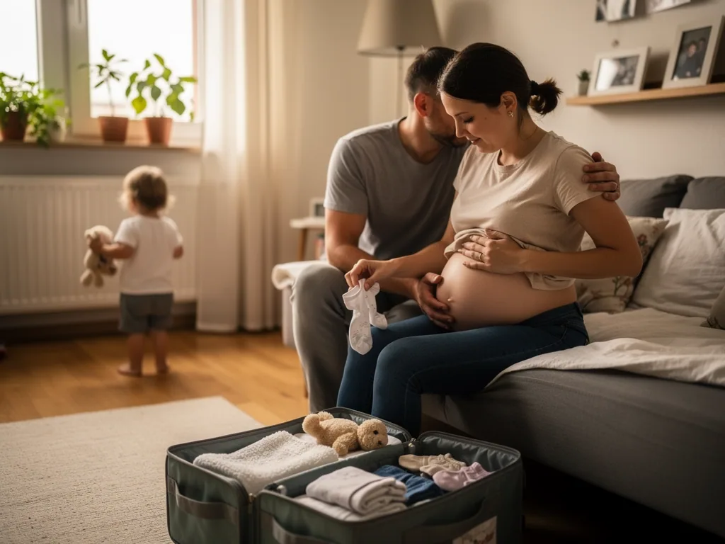 Schwangere sitzt mit Partner auf dem Sofa, vor ihnen liegt eine gepackte Kliniktasche; Kleinkind steht am Fenster.