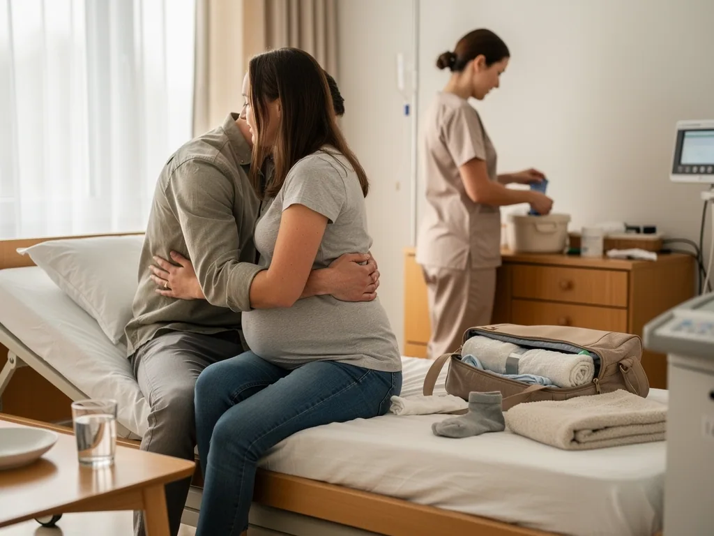 Schwangere sitzt mit Partner auf einem Bett im Geburtshaus, Hebamme bereitet im Hintergrund Material vor.