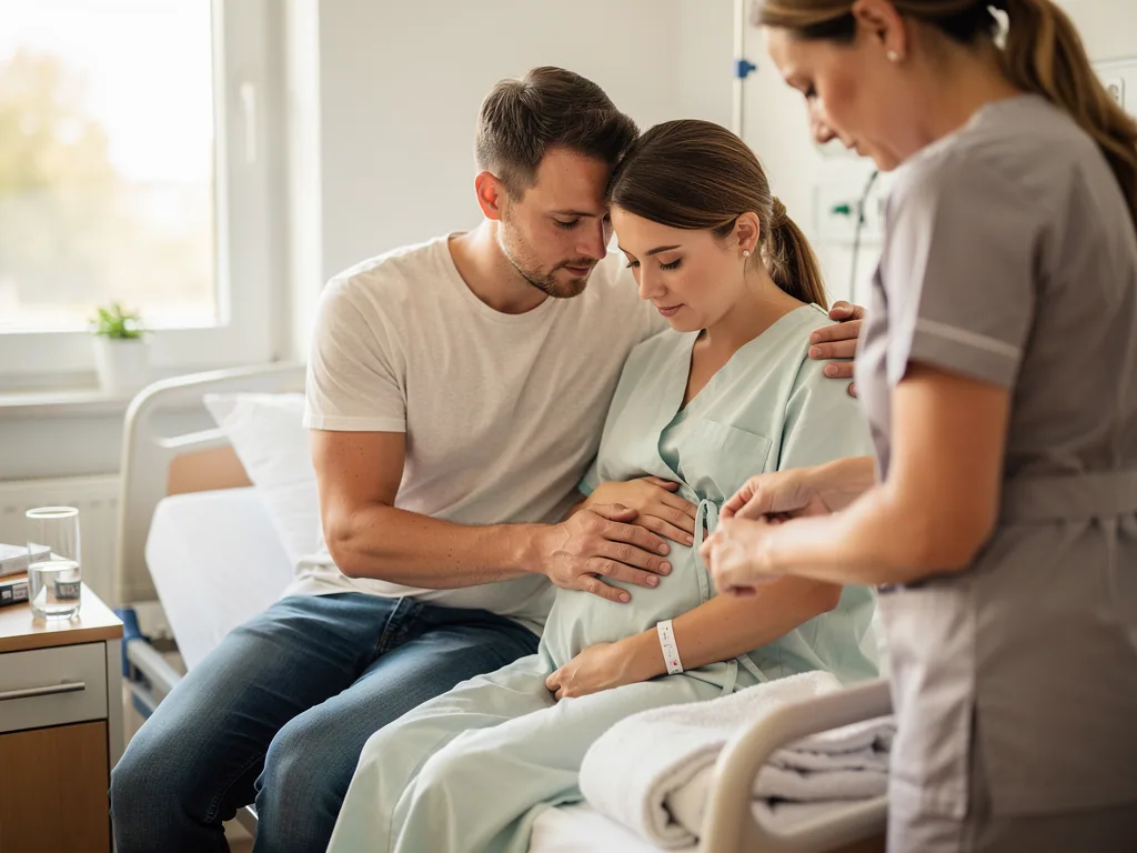 Schwangere sitzt mit Partner im Klinikbett, während eine Hebamme ein Messgerät vorbereitet.